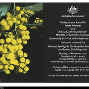 Invitation from Kevin Rudd and Jenny Macklin to the National Apology to the Forgotten Australians and Former Child Migrants, Parliament House 16 November 2009.